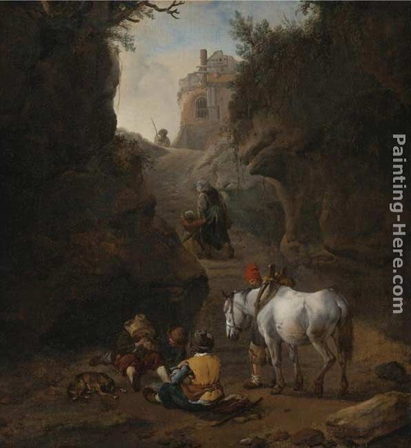 Philips Wouwerman Peasants Playing Cards by a White Horse in a Rocky Gully